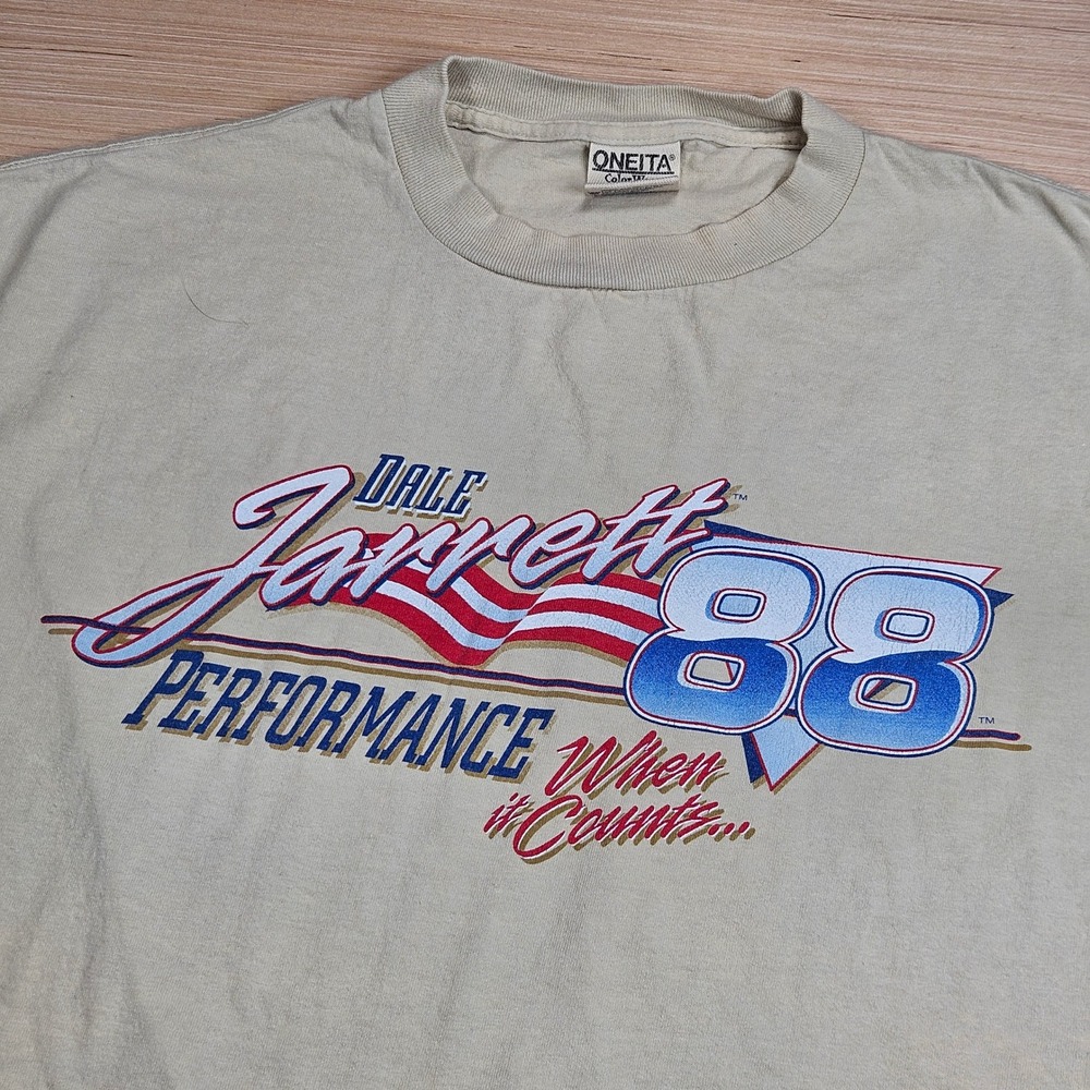 Vintage Oneita Dale Jarrett T-Shirt Mens XXL Tan NASCAR Racing Performance USA